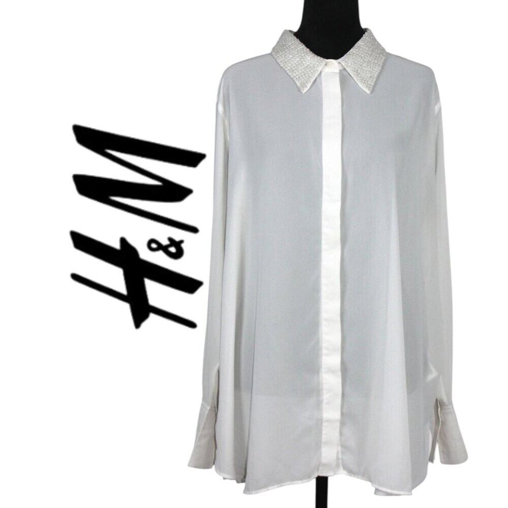 H & M Sheer Ivory Blouse with Sequin Collar Size XL